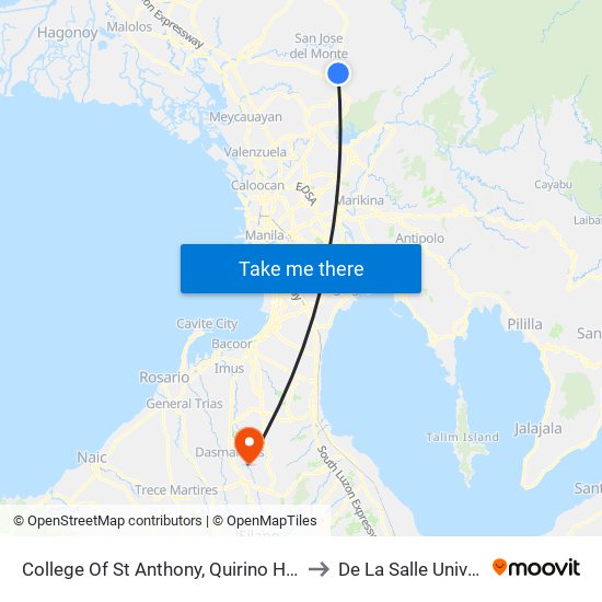 College Of St Anthony, Quirino Highway, City Of San Jose Del Monte to De La Salle University - Dasmariñas map