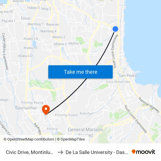 Civic Drive, Montinlupa City to De La Salle University - Dasmariñas map