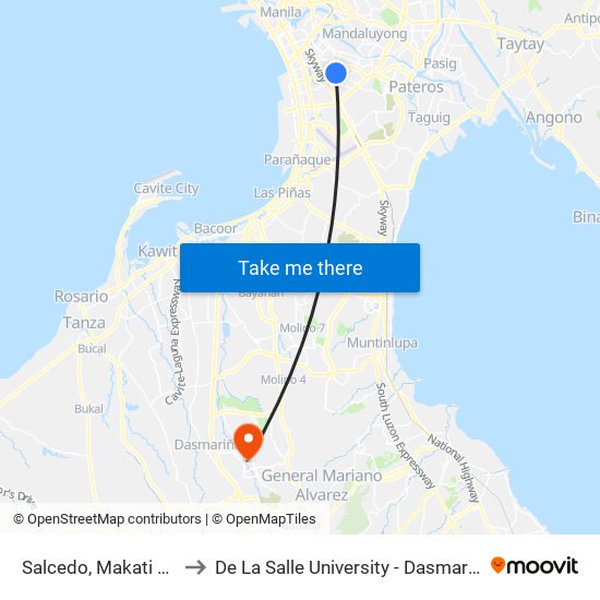 Salcedo, Makati City to De La Salle University - Dasmariñas map