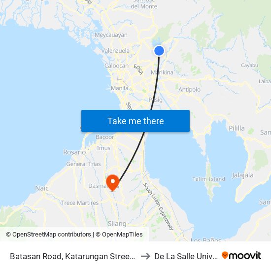 Batasan Road, Katarungan Street, Manila Gravel Pit Road, Quezon City to De La Salle University - Dasmariñas map