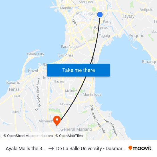 Ayala Malls the 30th to De La Salle University - Dasmariñas map