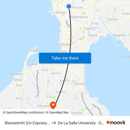 Blumentritt (Uv Express Terminal) to De La Salle University - Dasmariñas map