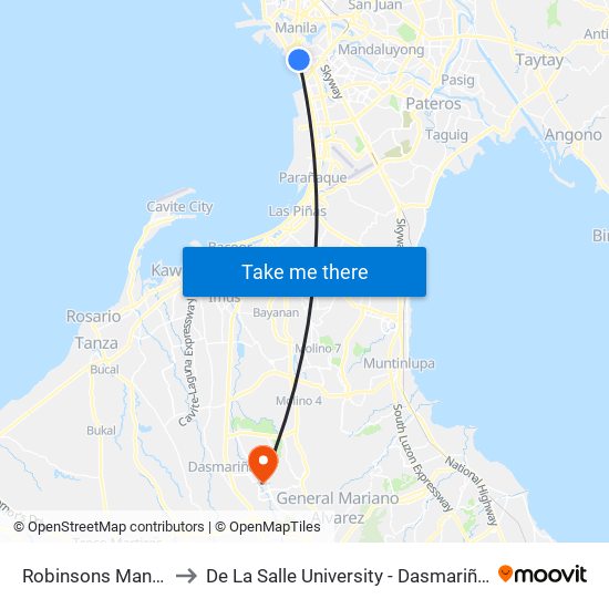 Robinsons Manila to De La Salle University - Dasmariñas map
