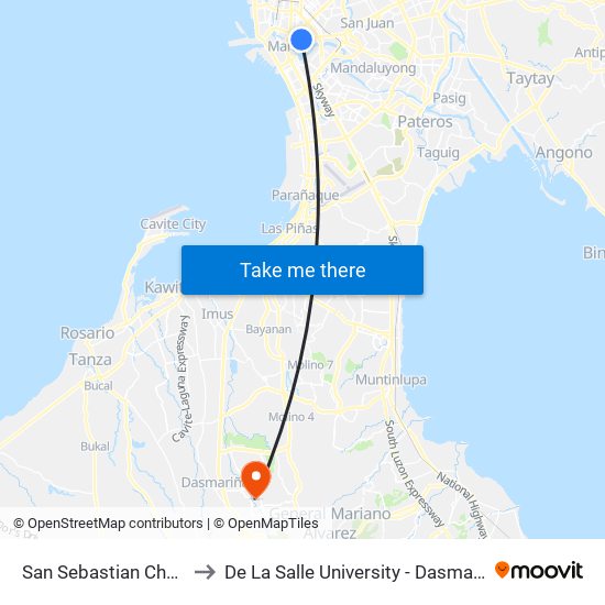 San Sebastian Church to De La Salle University - Dasmariñas map