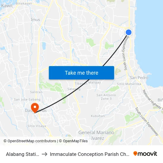 Alabang Station to Immaculate Conception Parish Church map