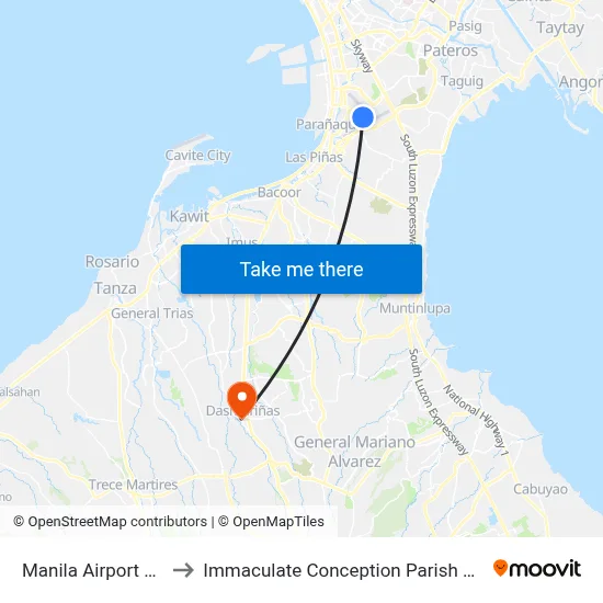 Manila Airport MNL to Immaculate Conception Parish Church map