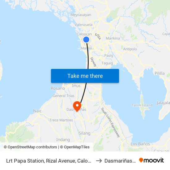 Lrt Papa Station, Rizal  Avenue, Caloocan City to Dasmariñas City map