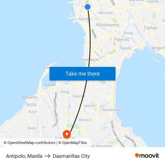 Antipolo, Manila to Dasmariñas City map