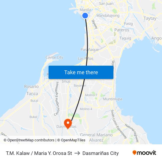 T.M. Kalaw / Maria Y. Orosa St to Dasmariñas City map