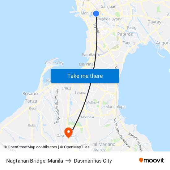 Nagtahan Bridge, Manila to Dasmariñas City map
