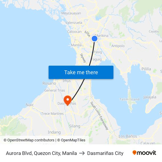 Aurora Blvd, Quezon City, Manila to Dasmariñas City map