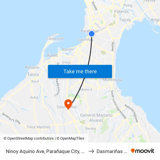 Ninoy Aquino Ave, Parañaque City, Manila to Dasmariñas City map
