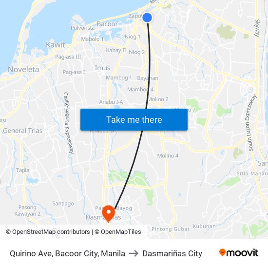 Quirino Ave, Bacoor City, Manila to Dasmariñas City map