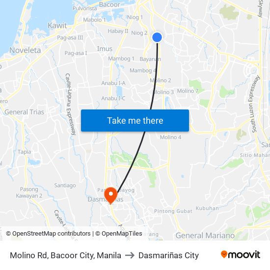 Molino Rd, Bacoor City, Manila to Dasmariñas City map