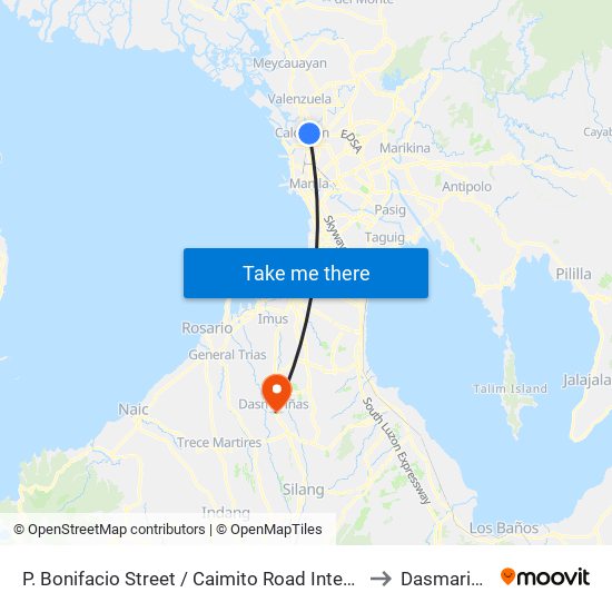 P. Bonifacio Street / Caimito Road Intersection,  Malabon City to Dasmariñas City map