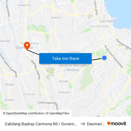 Cabilang Baybay Carmona Rd / Governor's Drive, Carmona, Manila to Dasmariñas City map