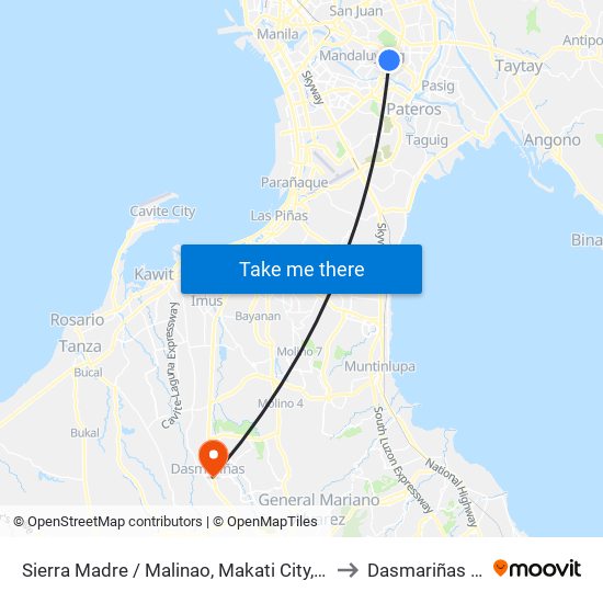 Sierra Madre / Malinao, Makati City, Manila to Dasmariñas City map