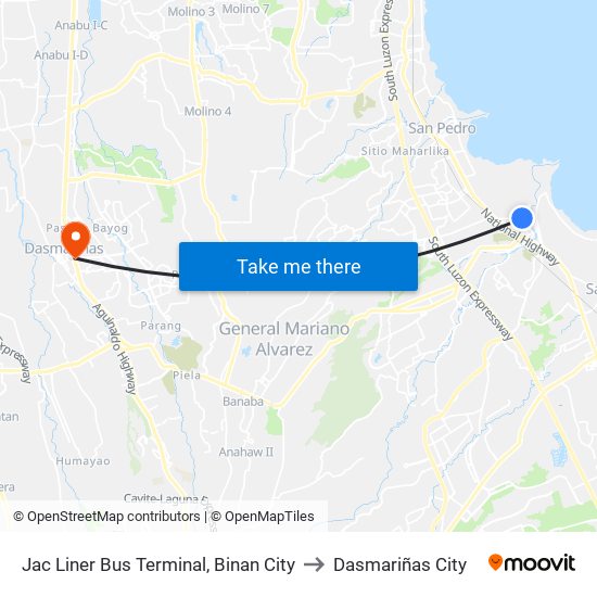 Jac Liner Bus Terminal, Binan City to Dasmariñas City map