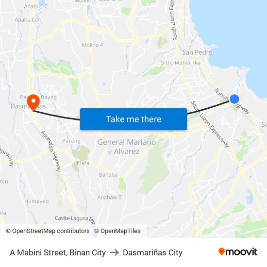 A Mabini Street, Binan City to Dasmariñas City map