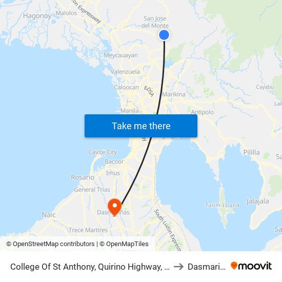 College Of St Anthony, Quirino Highway, City Of San Jose Del Monte to Dasmariñas City map