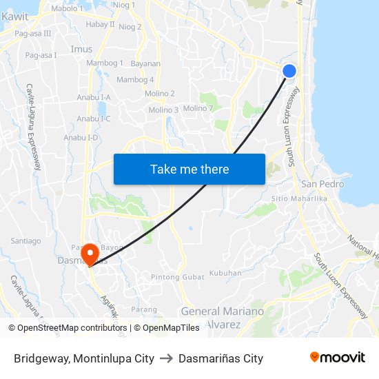 Bridgeway, Montinlupa City to Dasmariñas City map