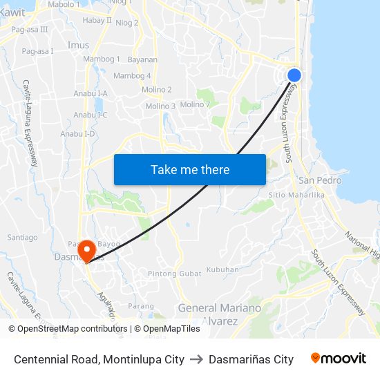 Centennial Road, Montinlupa City to Dasmariñas City map