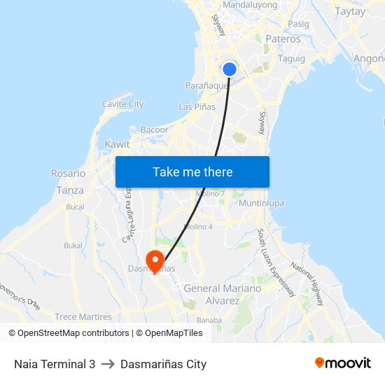 Naia Terminal 3 to Dasmariñas City map