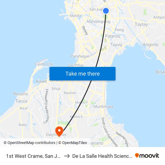 1st West Crame, San Juan, Manila to De La Salle Health Sciences Institute map