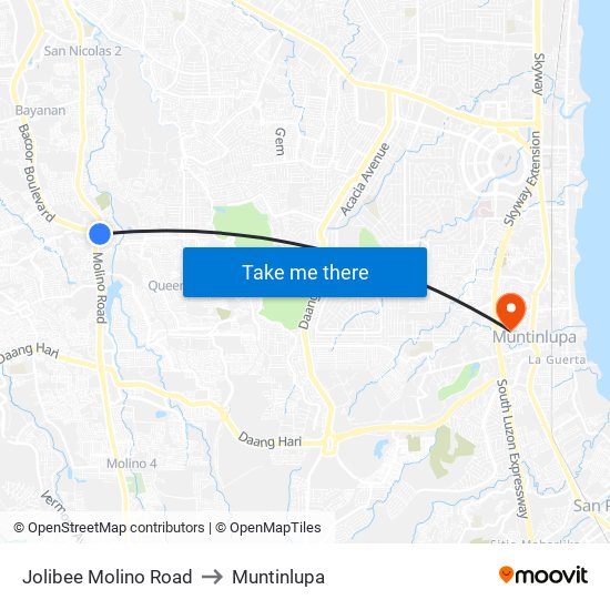Jolibee Molino Road to Muntinlupa map