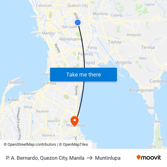 P. A. Bernardo, Quezon City, Manila to Muntinlupa map