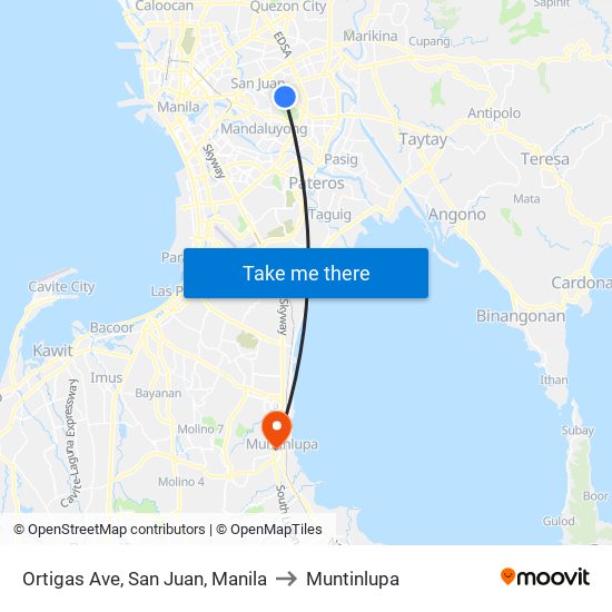 Ortigas Ave, San Juan, Manila to Muntinlupa map