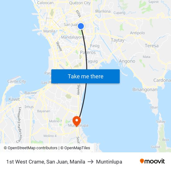 1st West Crame, San Juan, Manila to Muntinlupa map