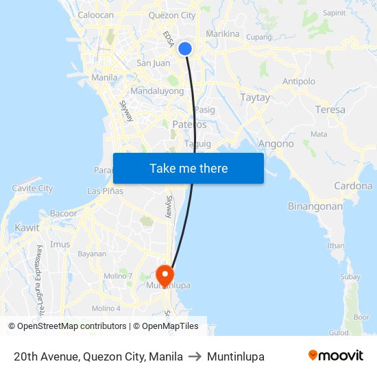 20th Avenue, Quezon City, Manila to Muntinlupa map