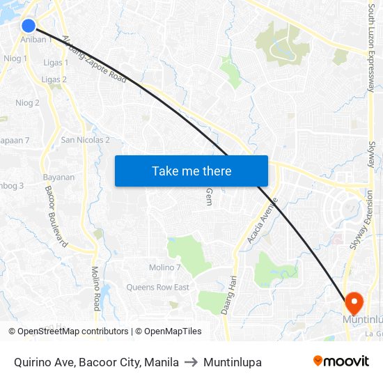 Quirino Ave, Bacoor City, Manila to Muntinlupa map