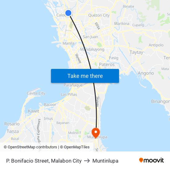 P. Bonifacio Street,  Malabon City to Muntinlupa map