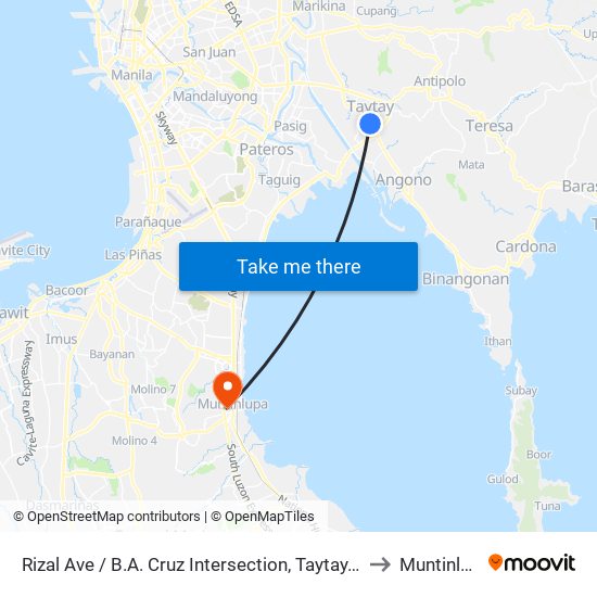 Rizal Ave / B.A. Cruz Intersection, Taytay, Manila to Muntinlupa map