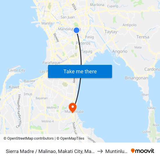 Sierra Madre / Malinao, Makati City, Manila to Muntinlupa map