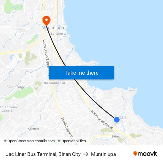 Jac Liner Bus Terminal, Binan City to Muntinlupa map