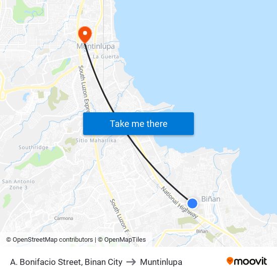 A. Bonifacio Street, Binan City to Muntinlupa map