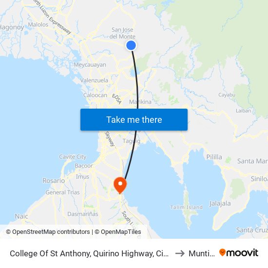 College Of St Anthony, Quirino Highway, City Of San Jose Del Monte to Muntinlupa map