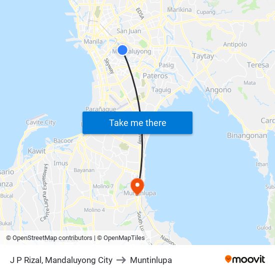 J P Rizal, Mandaluyong City to Muntinlupa map