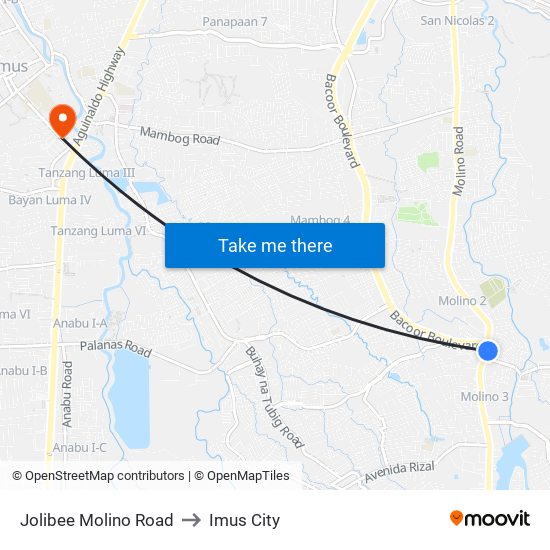 Jolibee Molino Road to Imus City map