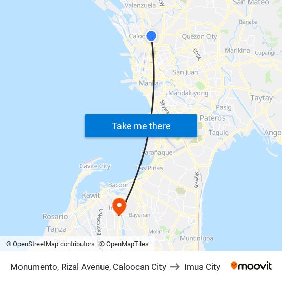Monumento, Rizal Avenue, Caloocan City to Imus City map
