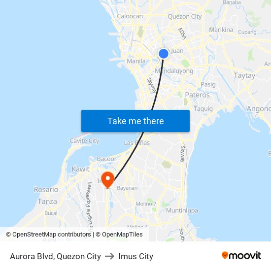 Aurora Blvd, Quezon City to Imus City map