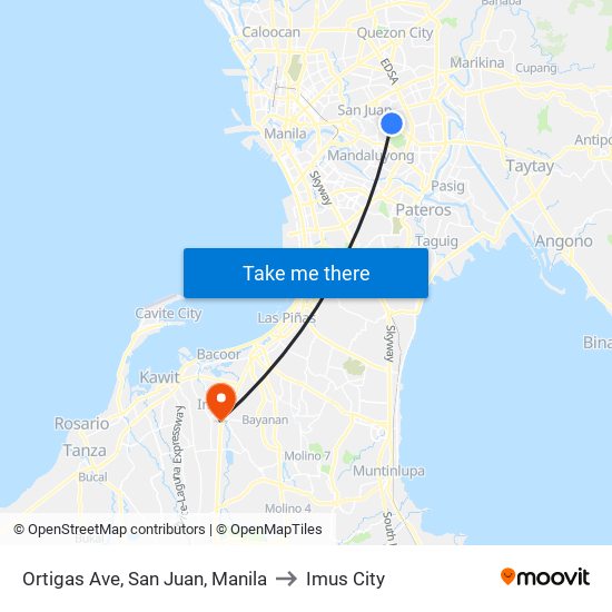 Ortigas Ave, San Juan, Manila to Imus City map