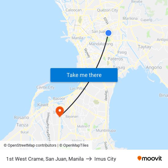 1st West Crame, San Juan, Manila to Imus City map
