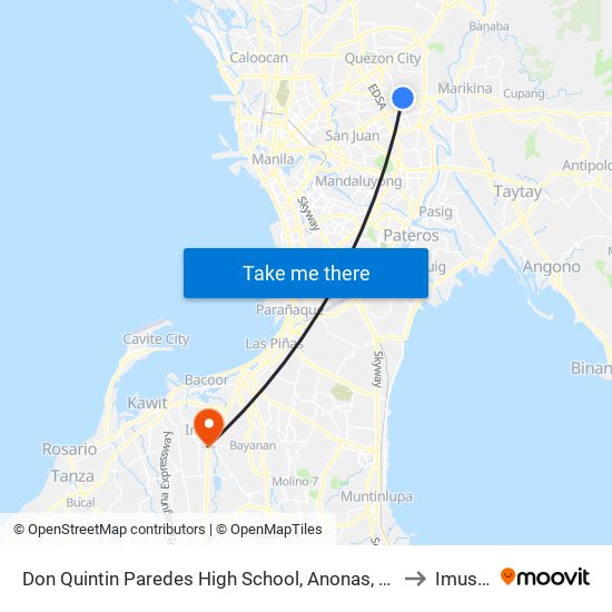 Don Quintin Paredes High School, Anonas, Quezon City, Manila to Imus City map