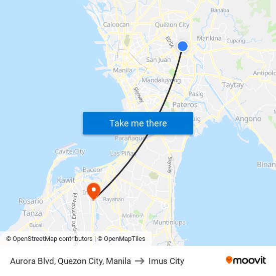 Aurora Blvd, Quezon City, Manila to Imus City map