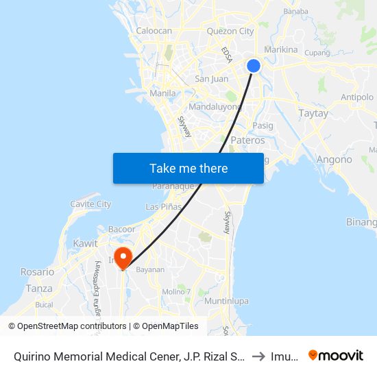 Quirino Memorial Medical Cener, J.P. Rizal Street, Quezon City, Manila to Imus City map