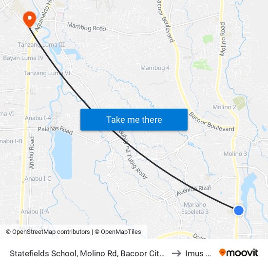 Statefields School, Molino Rd, Bacoor City, Manila to Imus City map